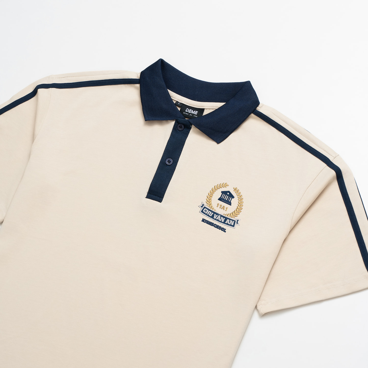Đồng phục lớp Áo polo De-nova màu Be phối cổ xanh đen