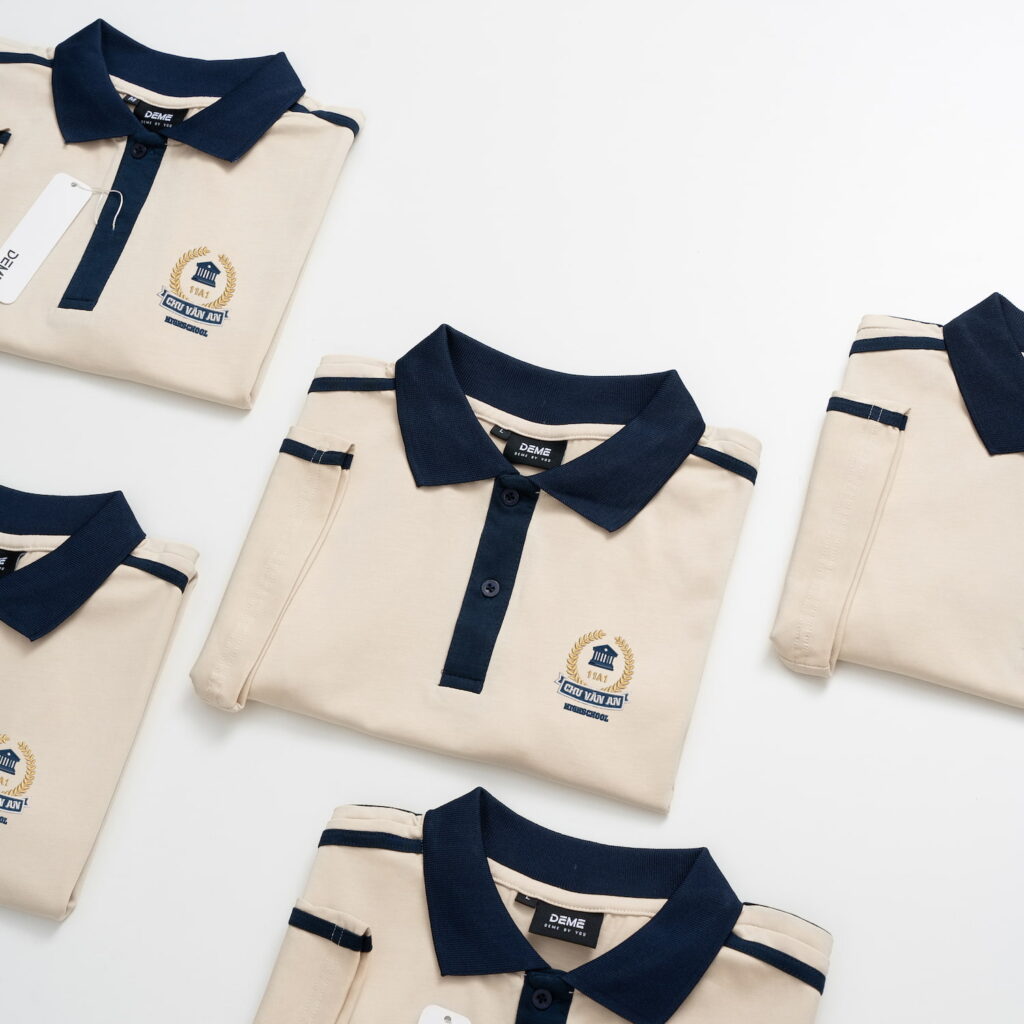 Đồng phục lớp Áo polo De-nova màu Be phối cổ xanh đen