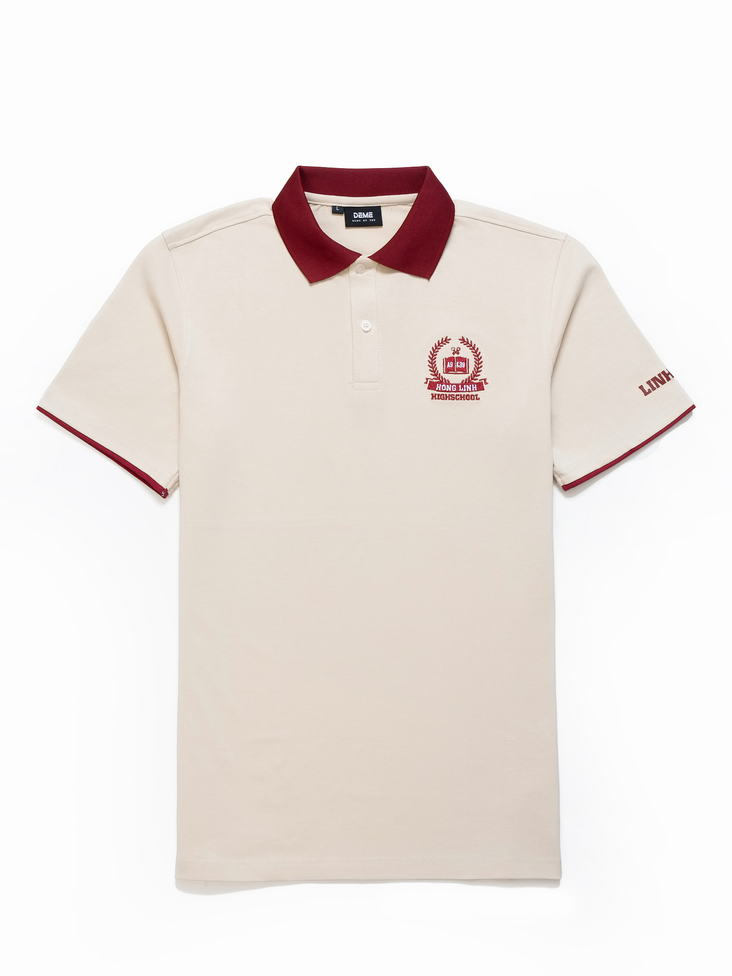 Đồng phục lớp Áo polo De-nova màu Be phối cổ đỏ đô