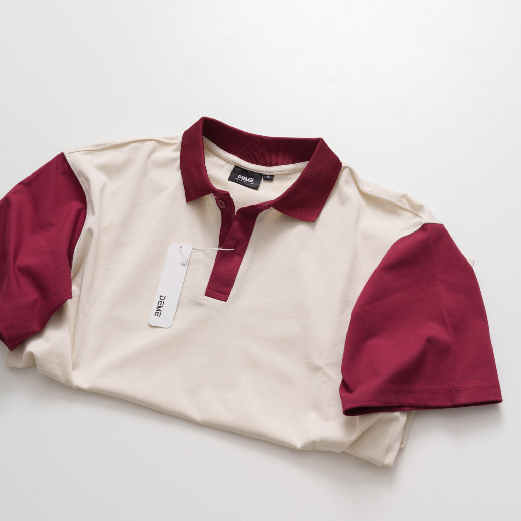 Đồng phục lớp Áo polo Cotton Pimax màu Be phối cổ và tay đỏ đô
