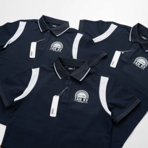 Đồng phục lớp áo polo màu xanh đen cổ viền trắng phối vai trắng