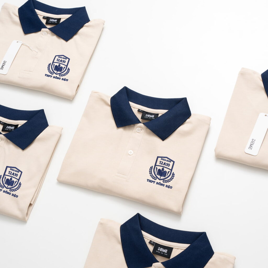 Đồng phục lớp Áo polo Cotton Pimax màu Be phối cổ và chi tiết vai xanh than