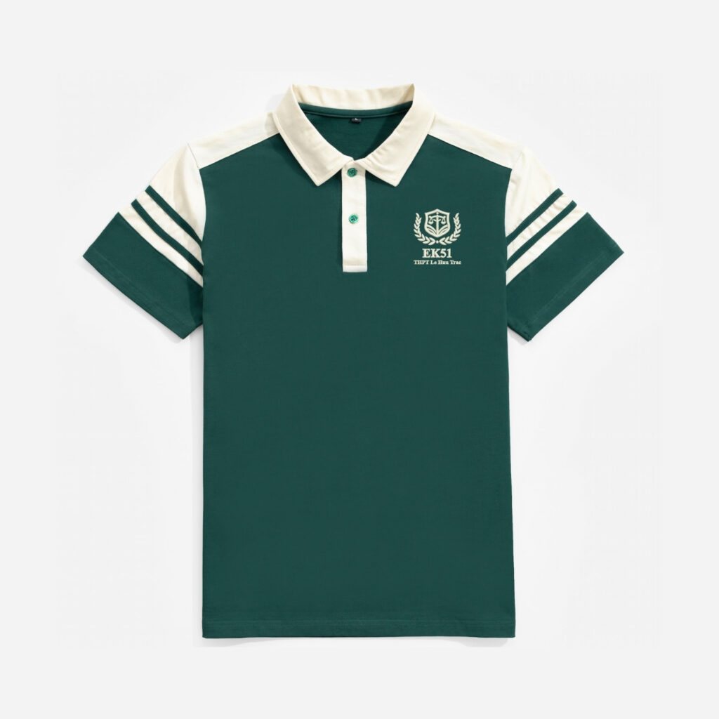 Đồng phục lớp Áo polo Cotton Pimax màu Xanh ve chai phối cổ và chi tiết vai trắng kem