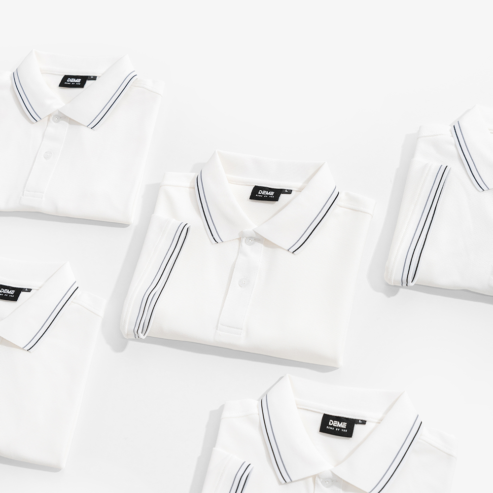 Đồng phục Áo polo De No-va màu Trắng phối sọc xám xanh đen